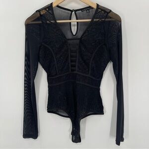 Haute Monde Witchy Black Floral Lace Mesh Grunge Goth Bodysuit Size Medium